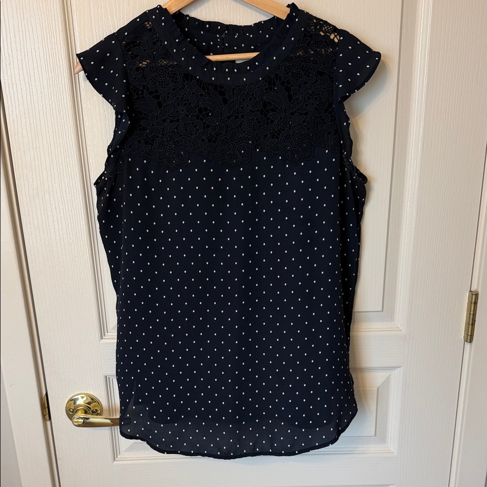 LOFT Navy Polka Dot Lace Blouse